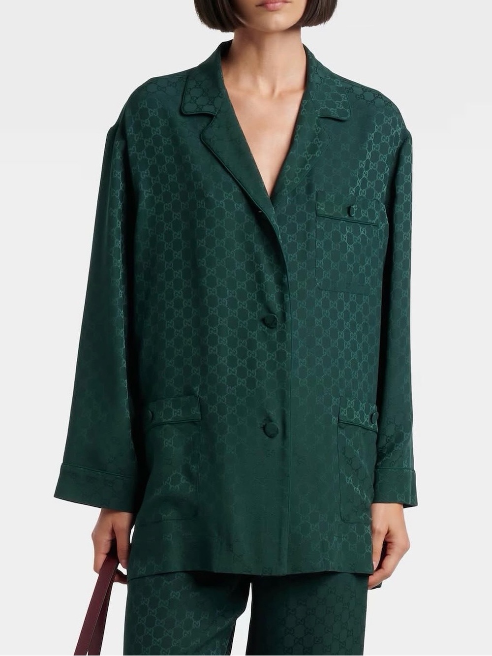 Gucci Forest Green Satin Logo-Jacquard Blazer